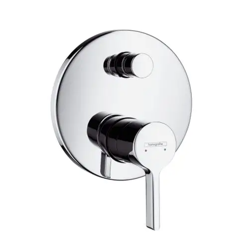 Hansgrohe Wannenmischer mit runder, glänzender Oberfläche und zwei Bedienknöpfen für Temperatur und Durchflusskontrolle. Ideal für die Wandmontage.